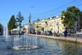 Irkutsk, Russia, August, 29, 2017. People walking near fountain on Lenin street in Irkutsk in the summer Royalty Free Stock Photo