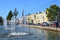 Irkutsk, Russia, August, 29, 2017. People walking near fountain on Lenin street in Irkutsk in the summer