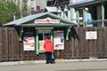 Irkutsk, Russia, August, 29, 2017. Woman buys food in the pavilion of the network of fast food `Healthy snack`