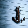 Iron anchor on a background of black painted wood 3d render