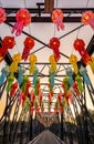 Iron Bridge and colorful light lantern in sunrise. Loi Krathong or Yi Peng Festival in Chiang Mai, Thailand Royalty Free Stock Photo