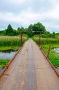 An iron bridge over an overgrown green river in the countryside Royalty Free Stock Photo