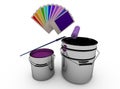 Iron cans with paint, roller, and a bright palette of colors