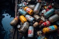 iron cans and plastic beverage bottles, garbage waste dump, close up top view