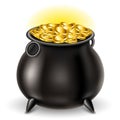 Iron cauldron full with shiny gold coin, for St Patrick`s day