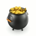 Iron cauldron full shiny gold coin on white background. Isolated 3D illustration. St Patrick`s day