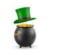 Iron cauldron full shiny gold coin on white background. Isolated 3D illustration. St Patrick`s day