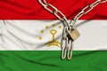 Iron chain and lock on silk national flag of kingdom of tajikistan with beautiful folds, the concept of a ban on tourism,