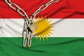 Iron chain and lock on the silk national flag of Kurdistan, rojava with beautiful folds, the concept of a ban on tourism,