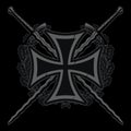 Iron cross, wreath of oak leaves and two medieval knight crossed Flame-bladed swords