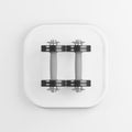 Iron dumbbells top view icon. 3d rendering white square button key, interface element