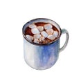 The iron enameled mug of coffee with white marshmallows. Isolated object on white background, watercolor illustration.