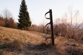 Iron fence post in nature near forest. Spring evening Royalty Free Stock Photo