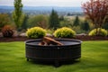 iron fire pit with a waterproof cover on grass