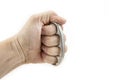 Iron fist with hand for self defence or fight on the white. Royalty Free Stock Photo