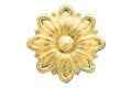 Iron forged flower painted in gold. Vintage metal decoration element. Retro style metallic ornament. Isolated on white