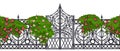Iron gate seamless border, metal vector old garden fence frame, wrought manor entrance on white.