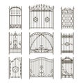 Iron gates with decorative elements. Vector monochrome pictures set