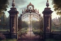 iron gates at the entrance to a grand and opulent mansion, with manicured grounds and rolling hills in the background