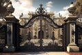 iron gates, with towering columns and decorative details, leading to palatial estate