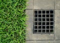 iron grate of a drainage system for storm water drainage from a pedestrian sidewalk near a green lawn. Royalty Free Stock Photo