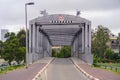 Iron gray bridge for cars. Old steel bridge view, daylight, summer season. Old iron bridge Royalty Free Stock Photo