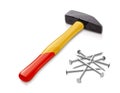 Iron hammer with wooden handle and nails. Tool for hand work. Vector illustration.