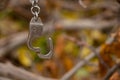 Iron handcuffs hang on a tree branch in the street in the autumn afternoon close up