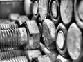 iron industrial background, iron steel metal screws photographed from close up, macro, group symmetrical, Royalty Free Stock Photo