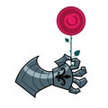 Iron knights gauntlet holding a red rose. Colorful, flat symbol. Isolated, white background.