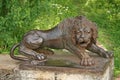 Iron lion at the large stone stairs in the Pavlovsk palace park. Russia