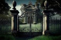 an iron mansion gate set against the backdrop of a rolling green lawn Royalty Free Stock Photo