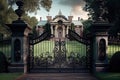 an iron mansion gate set against the backdrop of a rolling green lawn Royalty Free Stock Photo