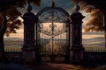 an iron mansion gate, with a view of the landscape and rolling hills in the background Royalty Free Stock Photo