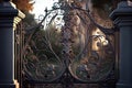 iron mansion gates with intricate metalworking and detailed scrollwork