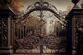 iron mansion gates with intricate metalworking and detailed scrollwork