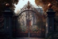 iron mansion gates, with an iron fence and garden, in the countryside