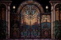 iron mansion gates with stained glass windows and intricate designs