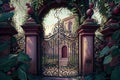 iron mansion gates, wreathed in blooming vines and bordered by lush greenery