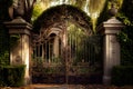 iron mansion gates, wreathed in blooming vines and bordered by lush greenery