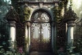 iron mansion gates, wreathed in blooming vines and bordered by lush greenery