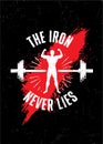 The Iron Never Lies. Gym Typography Inspiring Workout Motivation Quote Banner. Grunge Illustration On Rough Wall Urban