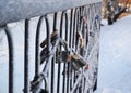 Iron old padlock on the fence in the cold