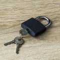 iron padlock with keys in the keyhole on a wooden surface concept prohibition security restriction Royalty Free Stock Photo