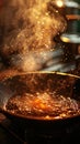 An iron pan with boiling oil in it, defogging, clear, texture, light background, warm colors Royalty Free Stock Photo