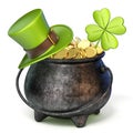 Iron pot full of golden coins, Green St. Patrick`s Day hat and c