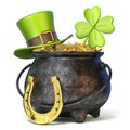 Iron pot full of golden coins, Green St. Patrick`s Day hat, clov Royalty Free Stock Photo