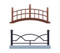 Iron Railing with Metal Pillar and Bridge as City Park Element Vector Set