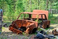 Iron rusty body of the Soviet car lies in a young spruce forest in the tundra. Royalty Free Stock Photo