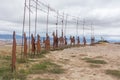 Iron sculpture of a group of pilgrims in the Alto del PerdÃÂ³n the Mount of Forgiveness in the Camino de Santiago, Navarre, Spain.